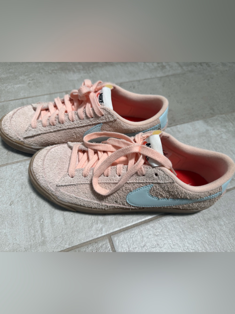 Nike Light Pink Suede Sneakers with Light Blue Swoosh